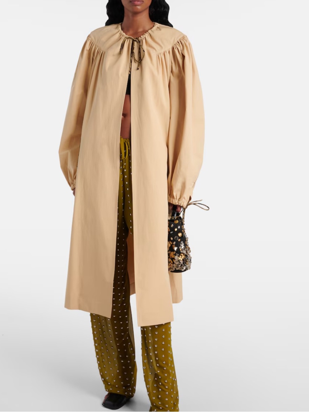 Dries Van Noten Sand-Beige Gathered Long-Sleeve Poplin Dress